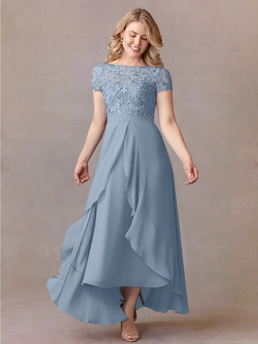 Azazie Light Blue Lace Bodice High-Low Chiffon Gown